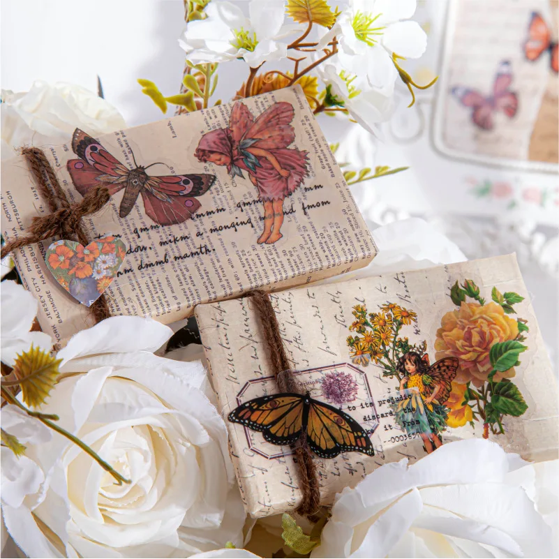45Pcs/Box Waterproof PET Fairy Butterfly Stickers Vintage Flower Elfin Sticker Deco Label for Scrapbooking Album Kawaii Decals