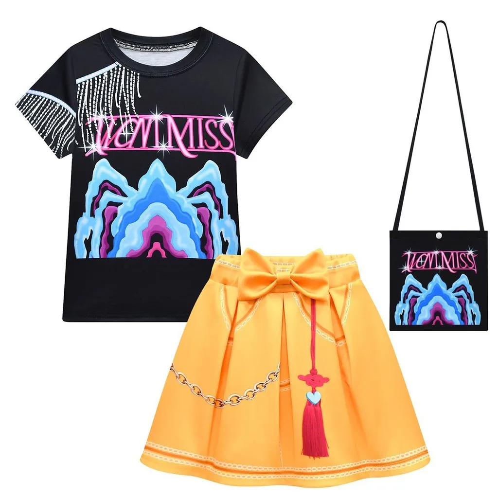 

Детская футболка с принтом суперзвезды для девочек, комплект с юбкой и сумкой, костюмы для ролевых игр, костюмы для косплея на Хэллоуин