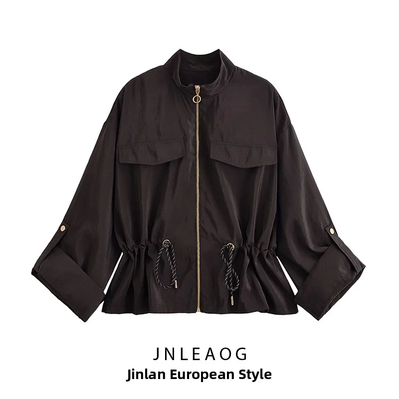 

Faionable воротник-стойка с завязками на талии, женская одежда, осенняя новинка, JNLEAOG 608350, длинная молния из полиэстера...