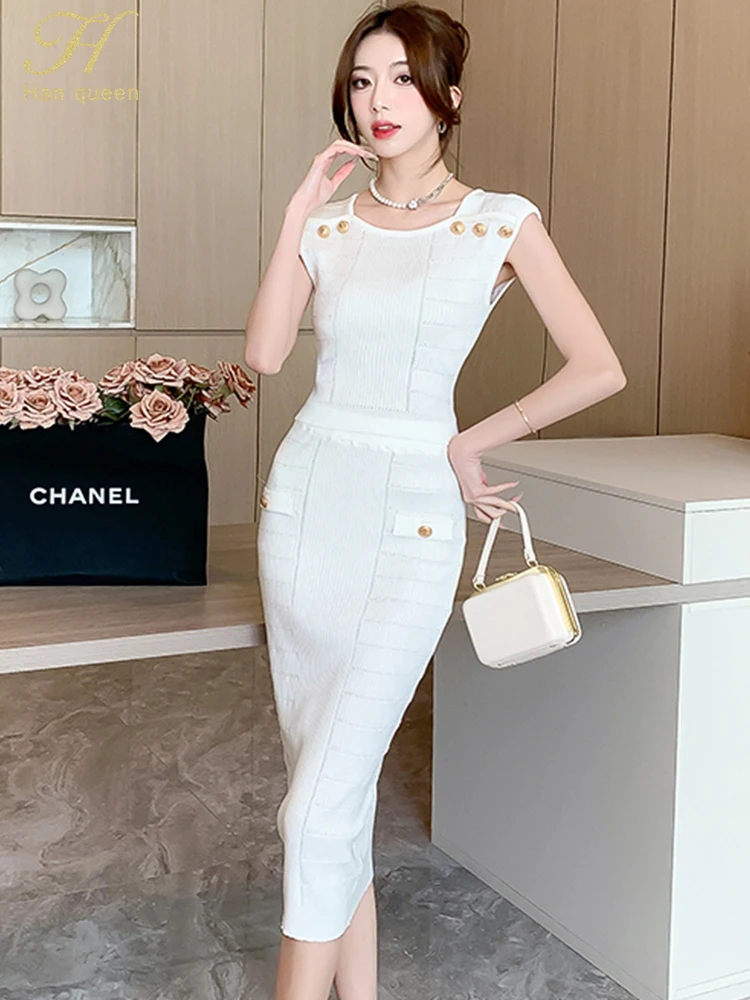 H Han Queen Summer Knitting 2 Pieces Set Women Sleeveless Tops + Simple Fashion Pencil Skirts Casual Simple Office Skirts Suits