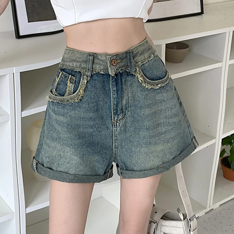 

Vintage Spliced Raw Edge Women Jean Shorts Summer Stylish Roll Up Hem A-Line High Waist Hot Pants Loose Wide Leg Denim Shorts