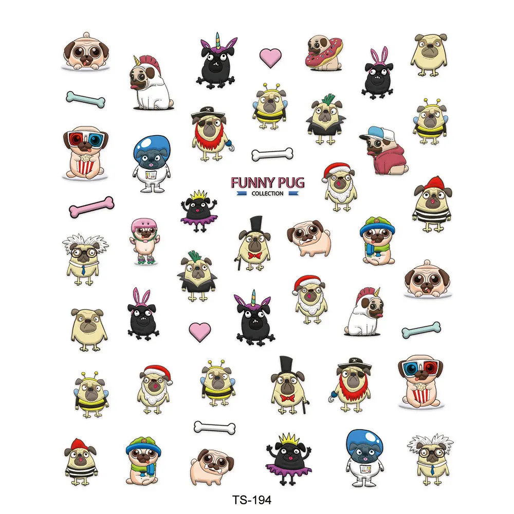 Funny Cute Pug Cartoon 5D Embossed Reliefs Self Adhesive Nail Art Decorations Stickers Lovely Puppy Manicure Decals Wholesale