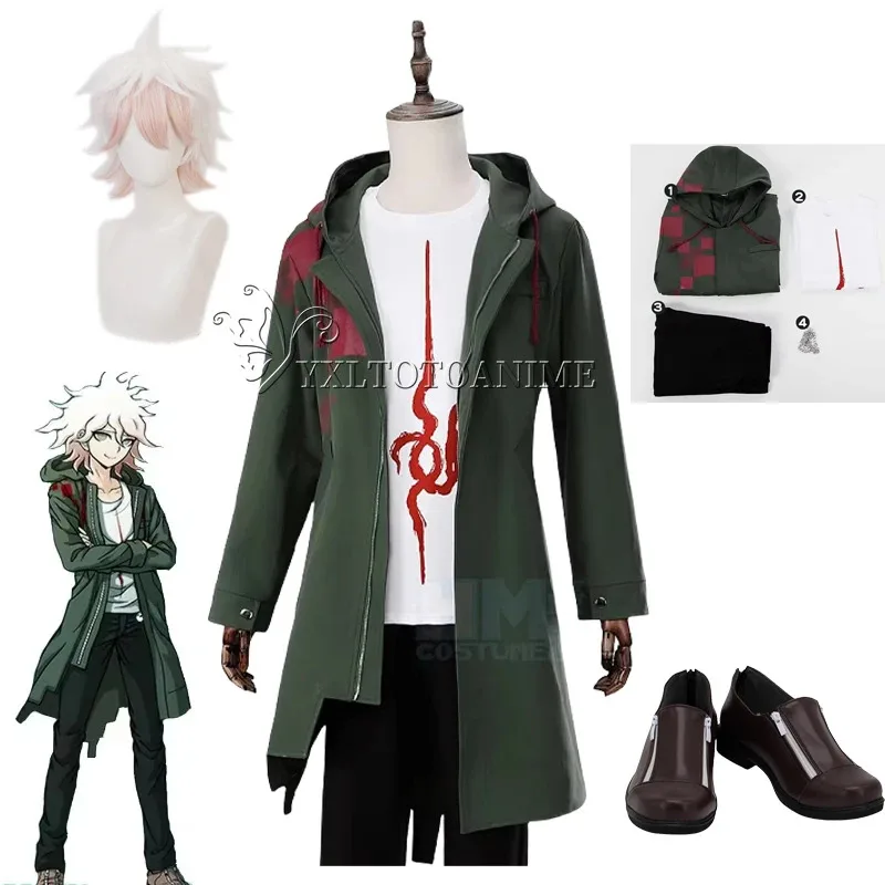 

High Quality Komaeda Nagito Cosplay Costume Super Danganronpa 2 Men Jacket T-shirt Army Green Trench Halloween Casual Cosplay
