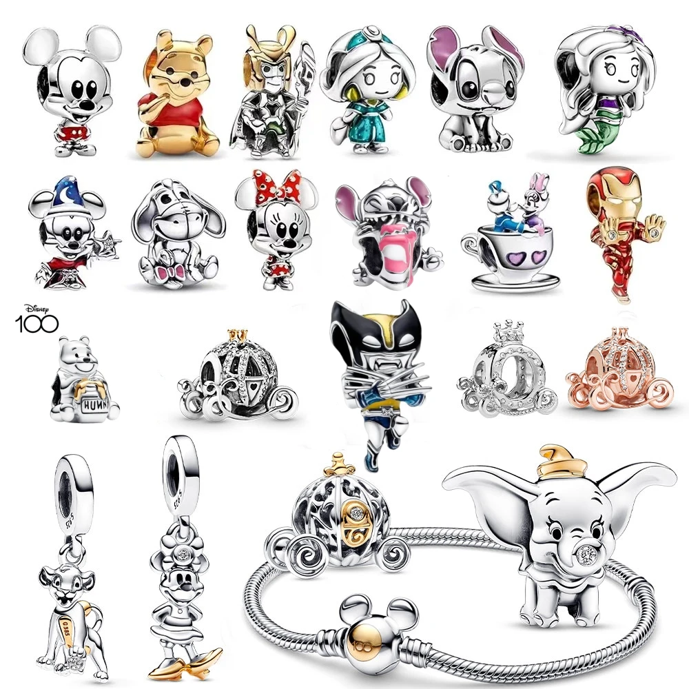 Disney-abalorio de Marvel para mujer, colgante de Mickey, compatible con pulsera de cadena de hueso de serpiente, Winnie, 100th Anniversary, joyería de cuentas DIY, regalos de amor