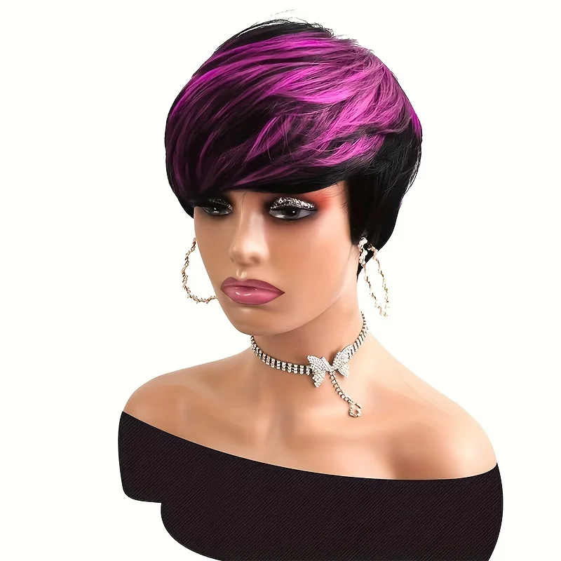 1B/パープルカラーストレート人毛ウィッグ前髪ピクシーカットストレート人毛ウィッグフルマシンメイドウィッグ