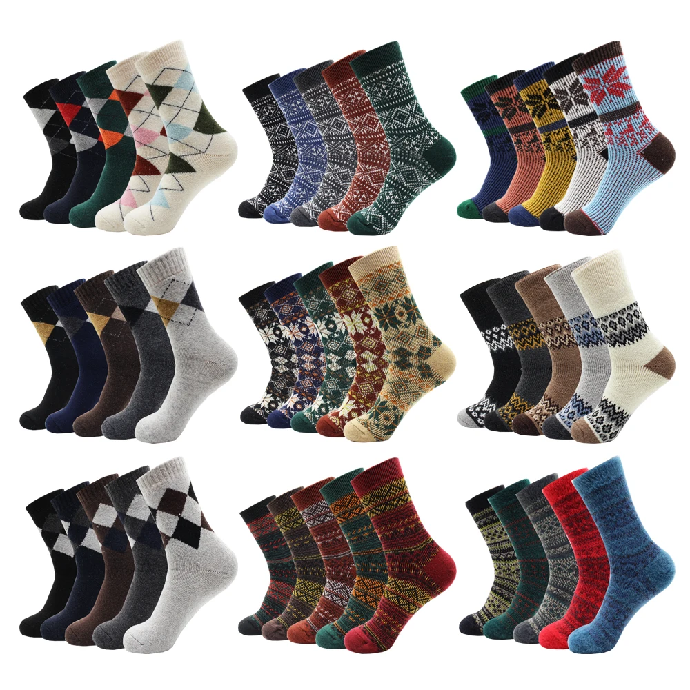 5 Pairs New Fashion Ethnic Style Women and Men Mid-tube Casual Socks Winter Vintage Warm Rabbit Wool Men Socks