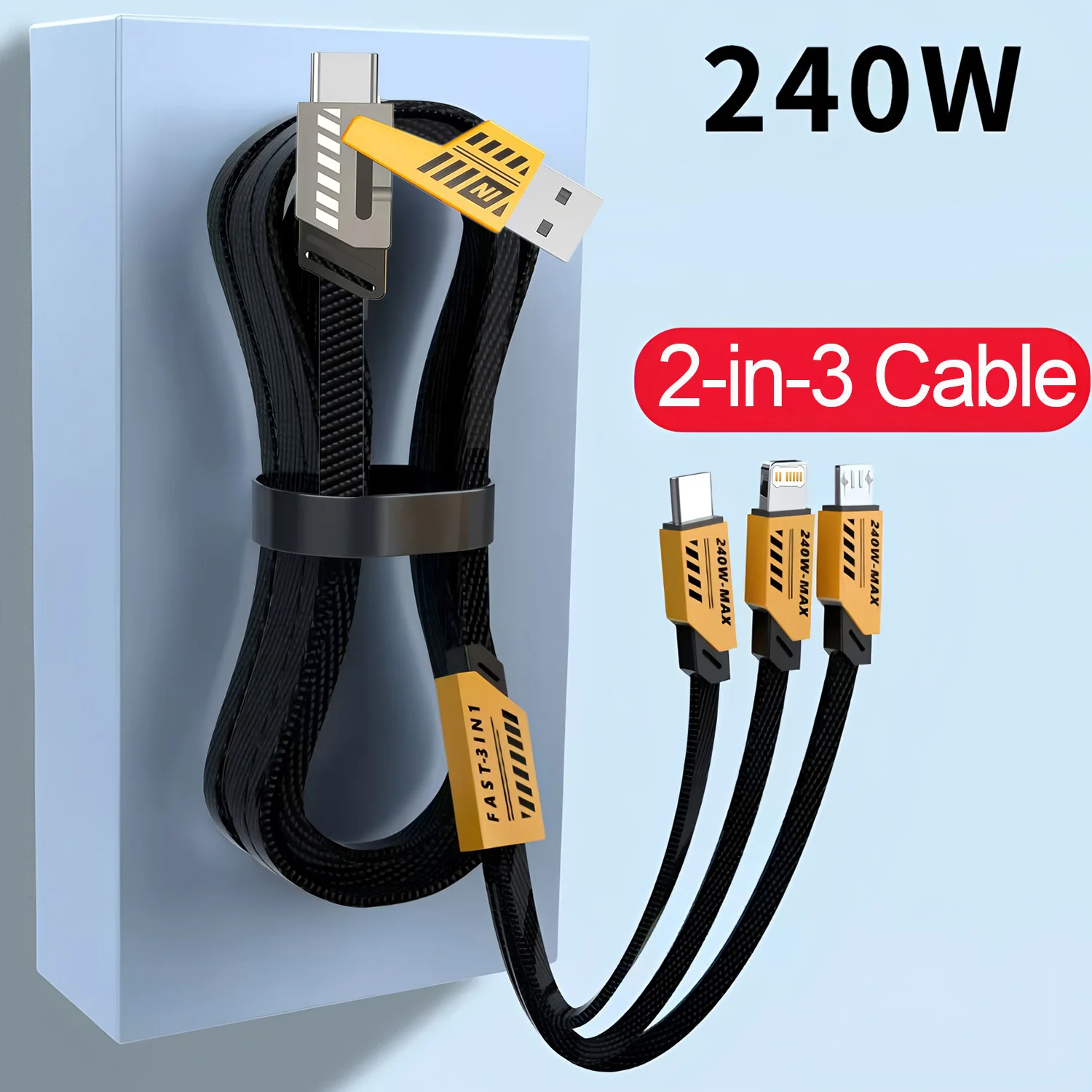 Cable de Carga Rápida USB Tipo C 2 en 3, Cargador Rápido de 240W para Teléfono/Computadora/Reloj, Cable de Datos de 1.2M Compatible con iPhone 16/15