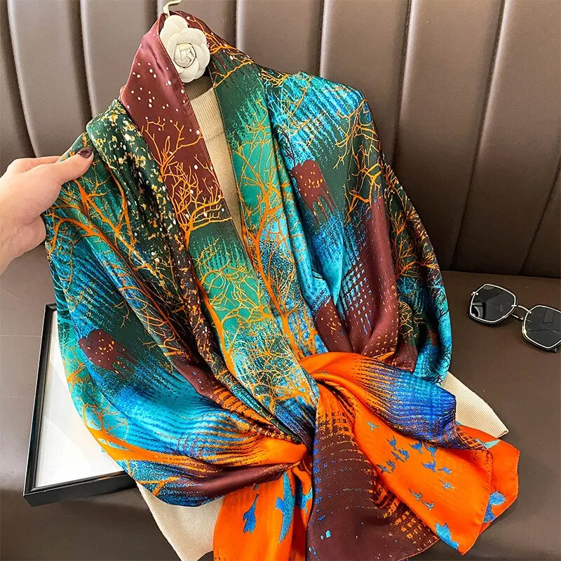 New Printed Imitation Silk Shawl Super Long Scarf Women Multi-Functional Scarf Wrap Color Forest Series 180*86cm