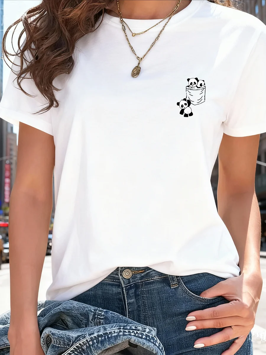 

Женский топ с коротким рукавом, летняя новая футболка с карманом и принтом панды, корейские модные женские топы, свободная женская футболка с круглым вырезом