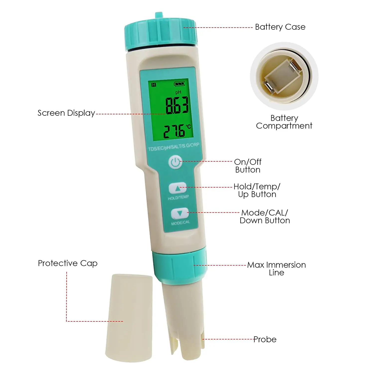 Bluetooth 7 in 1 Multifunctional pH TDS EC ORP Salinity SG Temp Meter Pen Type IP67 ATC for Hydroponics, Aquarium