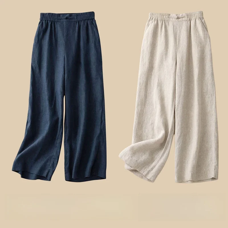 High Waist Wide Leg Pants Women's Cotton Linen Buttoned Summer Casual Nine Points Loose Fit Slimming Personality Trousers