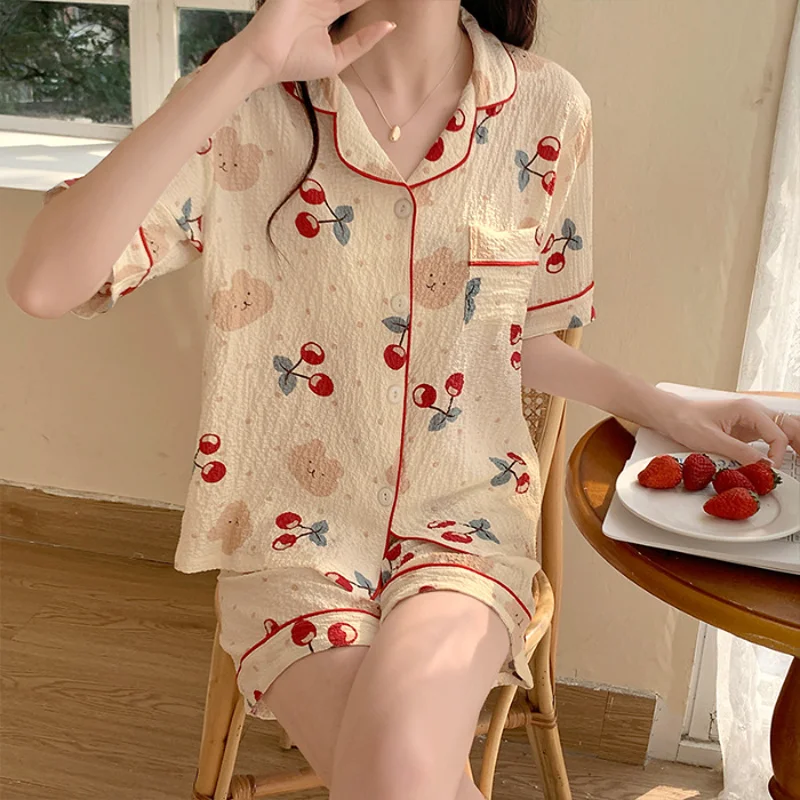 Summer Pajamas Homewear Suit Women Cartoon Summer Girls Cute Short-Sleeved Shorts Woven Bubble Cotton Loose Pajamas Homewear