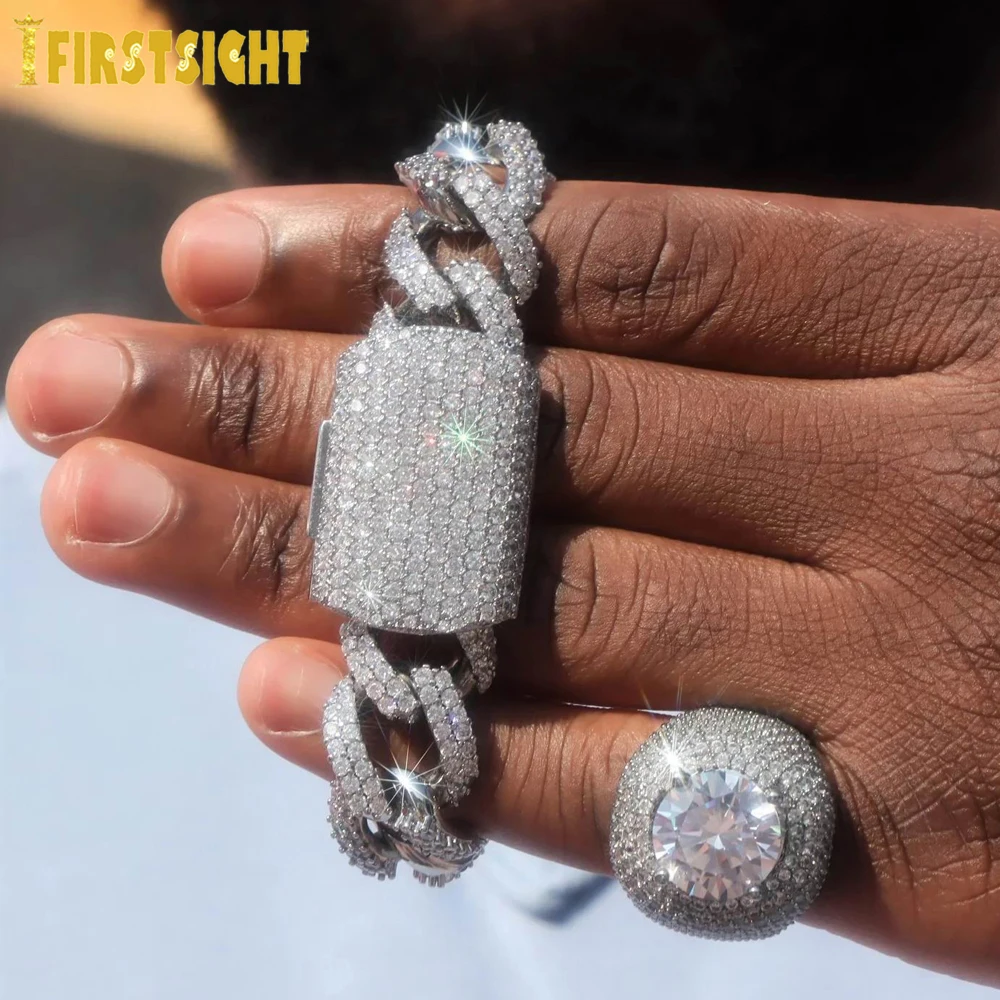 New 19mm Iced Out Prong Miami Cuban China CZ Cubic Zirconia Figaro Chain Men Hip Hop Jewelry