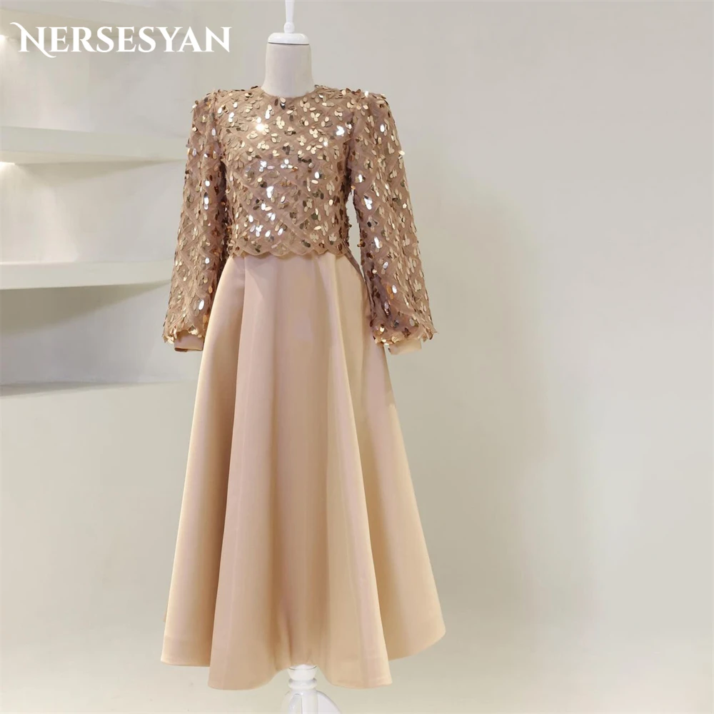 

Nersesyan Elegant Champagne Glitter Lace Formal Evening Dresses Sparkly Long Sleeves A-Line Prom Dress Sequins Solid Party Gowns