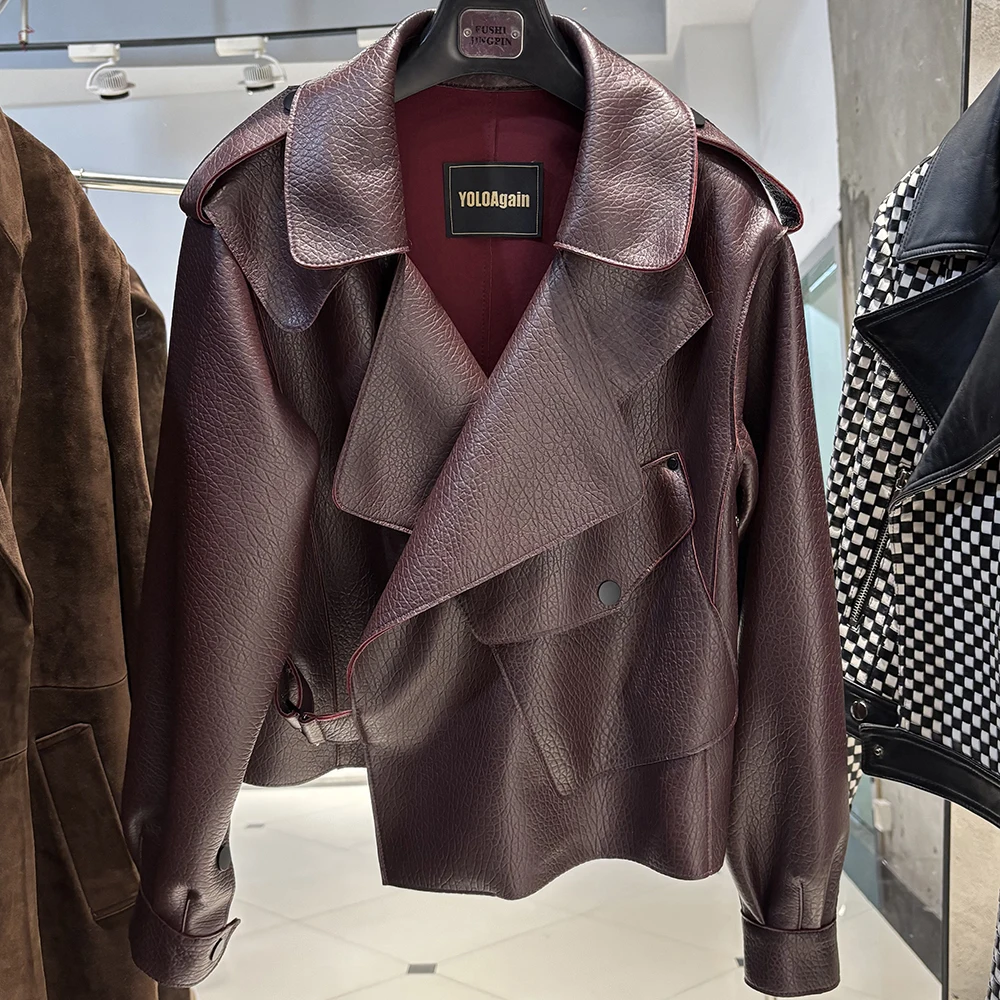 YOLOAgain 2025 Spring Dark Brown Oversized Leather Jacket Women Real Leather Jacket Female Overcoat