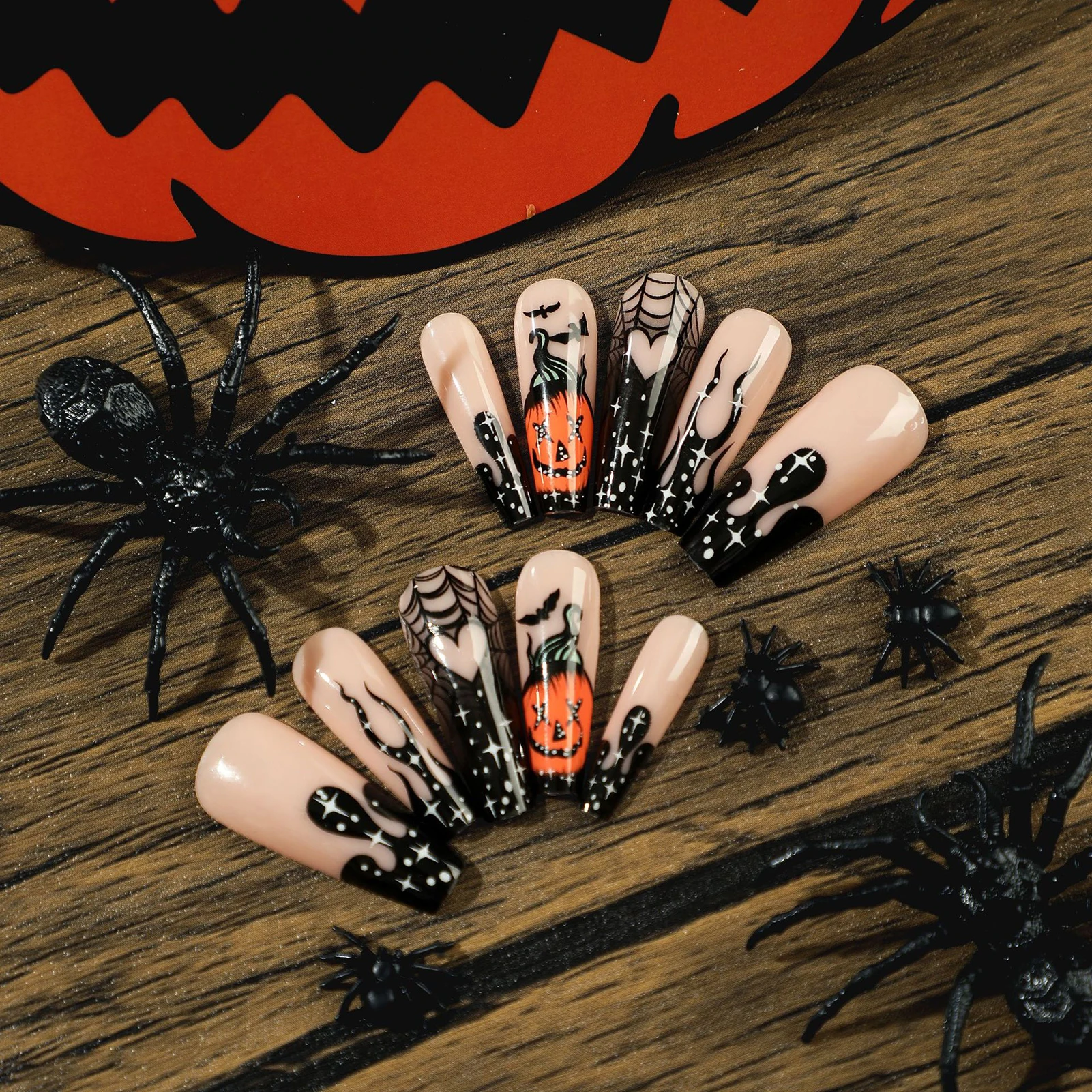 Orange Pumpkin Halloween Fake Nails Add Halloween Atmosphere Artificial Nails for Dating Party Halloween New Year