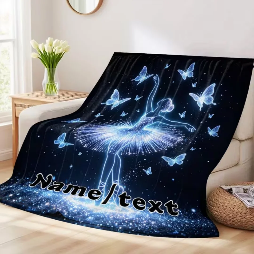 Personalized Custom Name Text Ballerina Butterfly Flannel Blanket, Soft Warm All Season Throw Blanket for Sofa Bed Travel Campin