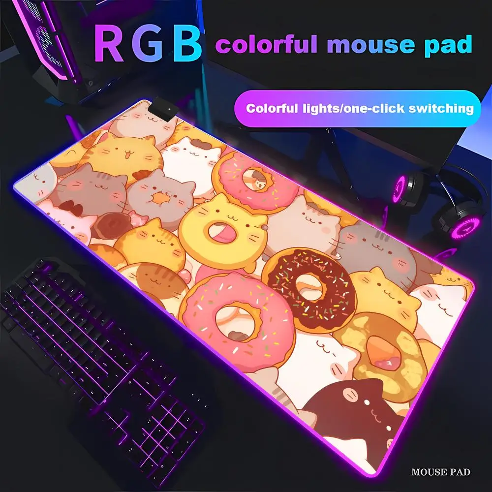 

HYBXAXC Anti-Slip Rubber Desk Mat Gaming Office Mouse Pad Cute Cat Donut Print RGB HD Gamer Large LED Light XXL PC Computer