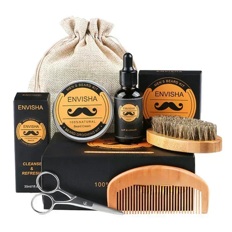 6pcs/set Men Beard Barba Grooming Beard Set Beard Oil Moisturizing Wax Blam Comb Essence Styling Scissors Hair