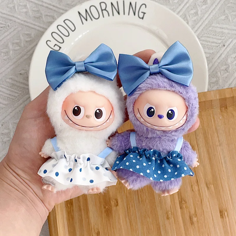 جديد دمية الزي ل LABUBU 4.0 Gen 10 سنتيمتر دبوس صغير لسلسلة الحب الأزرق سلسلة البولكا نقطة متقلب تنورة مع القوس اكسسوارات للشعر #3