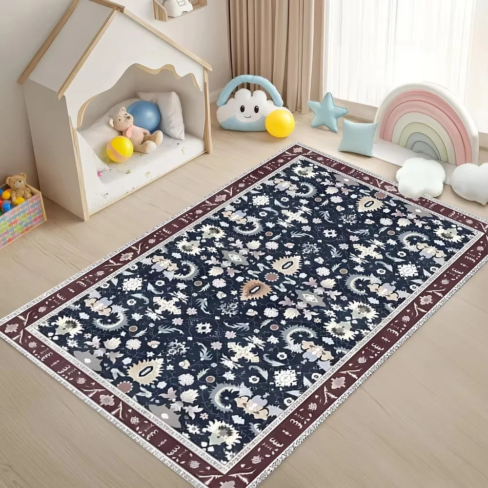 Vintage Floral Pattern Carpet with Burgundy Border Traditional Style Non-Slip Soft Mat for Living Room Bedroom Home Decor