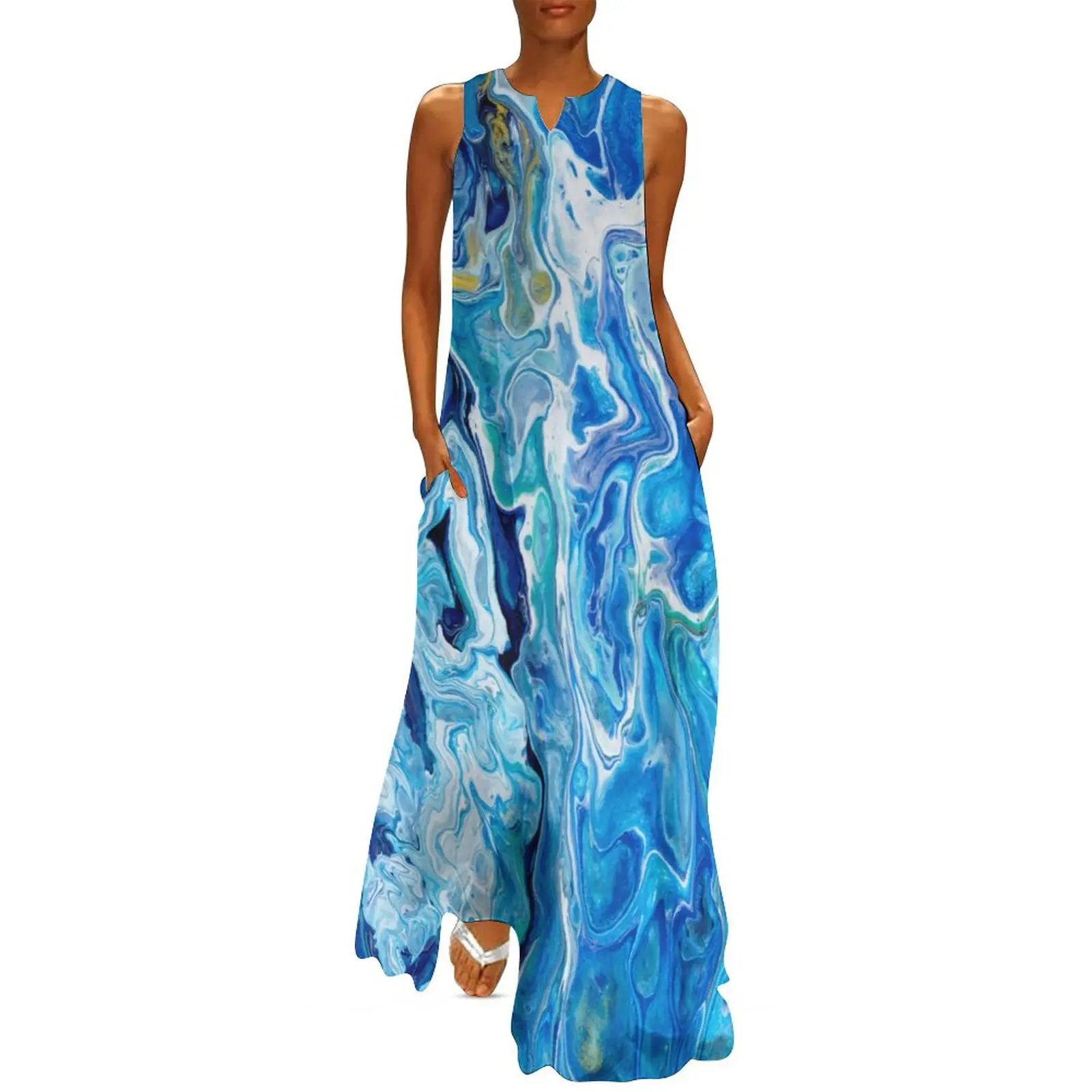 Ocean Blue Marble Dress Summer Modern Art Print Street Fashion Boho Beach Long Dresses Womens Graphic Beach Maxi Dress 4XL 5XL