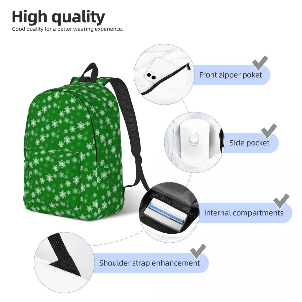 Pequeno Floco De Neve Branco Na Mochila De Natal Verde, Primária High School Estudante Abstrato Bookbag, Mochila De Adolescentes, Presente