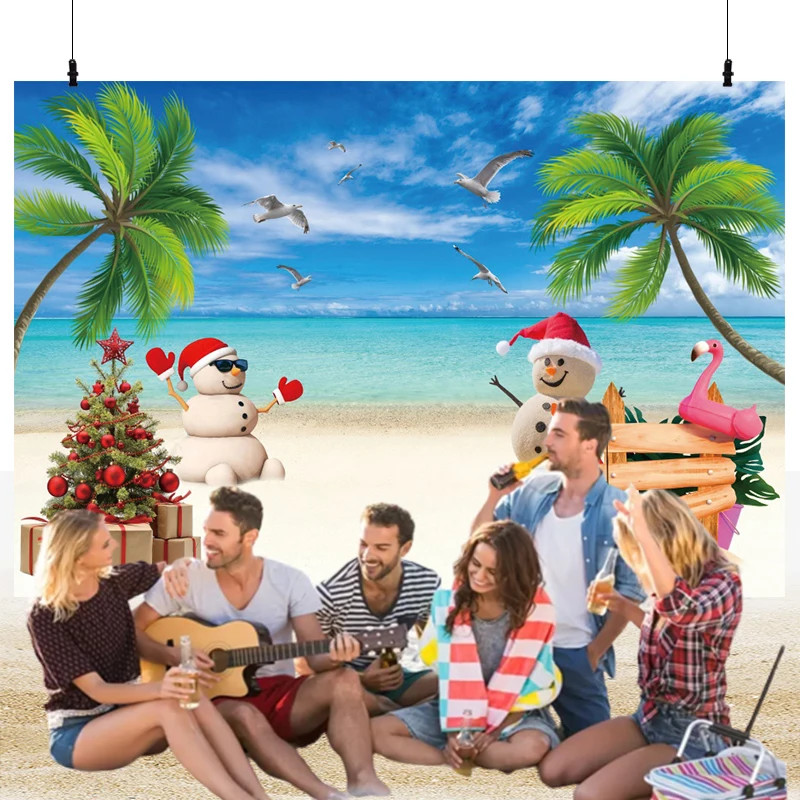 Hawaiian Christmas Banner Backdrop Beach Scene Wall Decoration Snowman Santa Hat Seaside Holiday Photo Background Photography