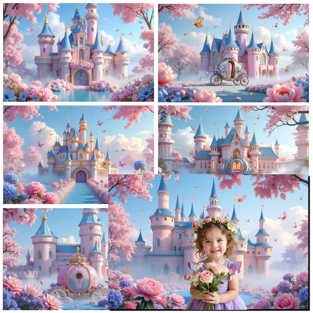

MOON.QG Girl Birthday Backdrop Pink Car Garden Castle Flower Backgrounds for Photographs Party Decoration Child Shooting Props