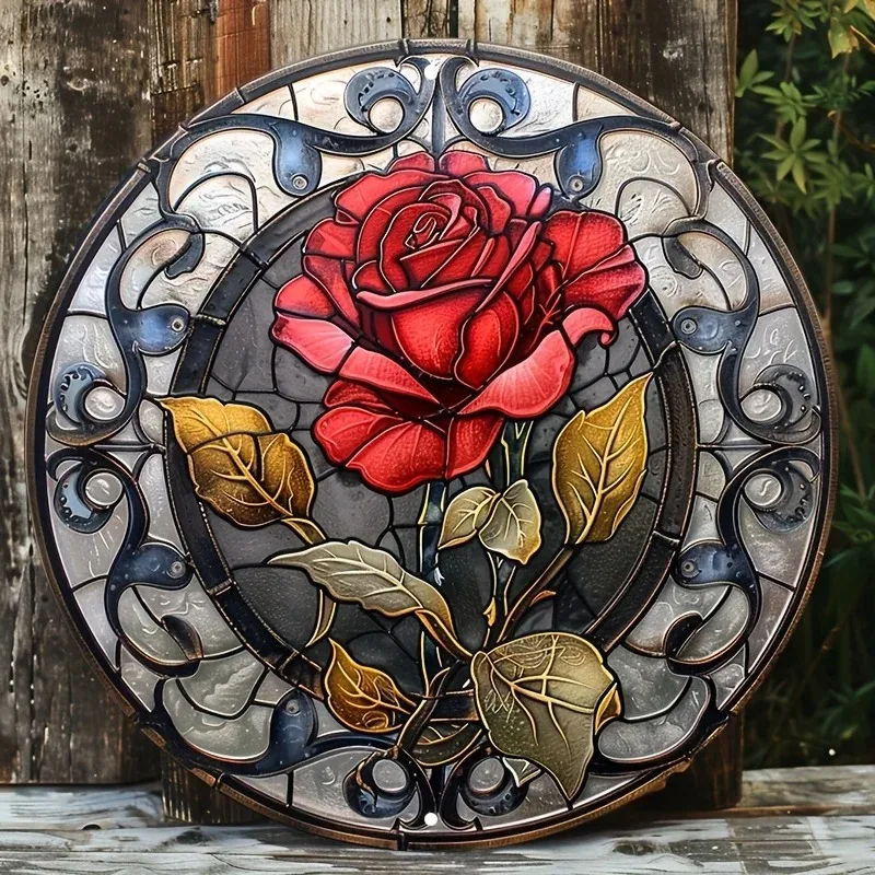 2D-Metallschild, runder Türhänger, Wanddekoration, HD-Druck, wasserfeste Metallkunst, Vintage-Rustikalschild mit Rosenblüten