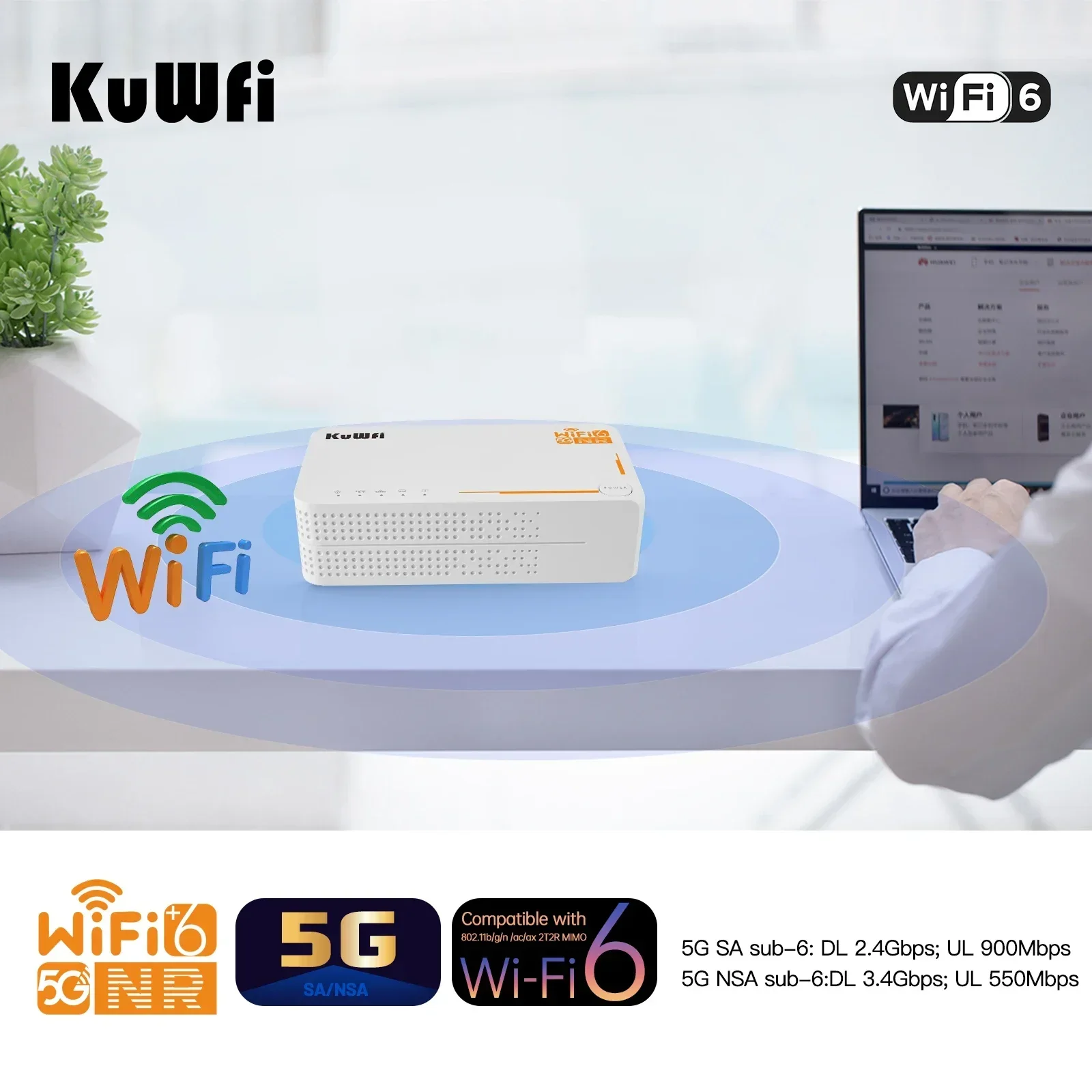 KuWFi C160 Unlocked Portable 5G CPE Router Ax3600 4000mAh Battery WiFi 6 Pocket Router Supporting 2.4G/5G Frequency Mobile Use