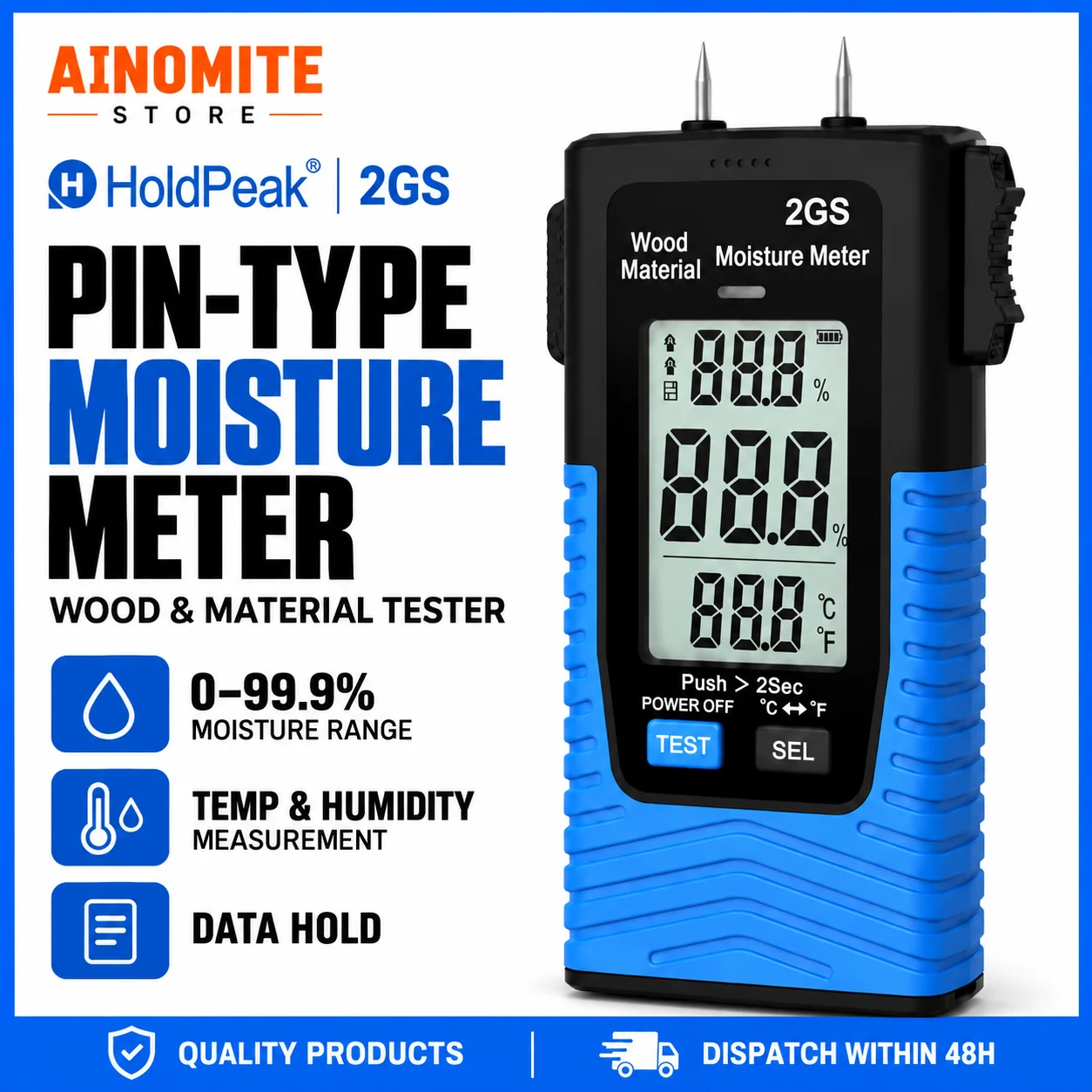 Wood Moisture Meter for Firewood, Log Moisture Meter for Building Materials Quick Moisture Content Testing with Retractable Lock