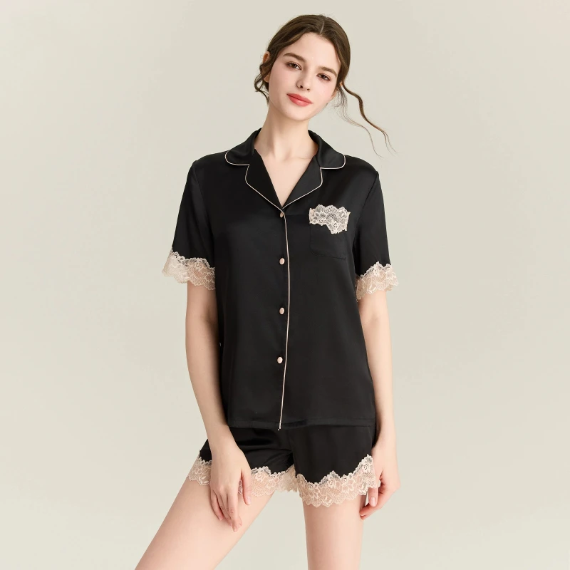 

French Style 100% Mulberry Silk Short-sleeved Lapel Top and Shorts Pajama Set Sleepwear Lace Trim Princess Pajamas Loungewear PJ
