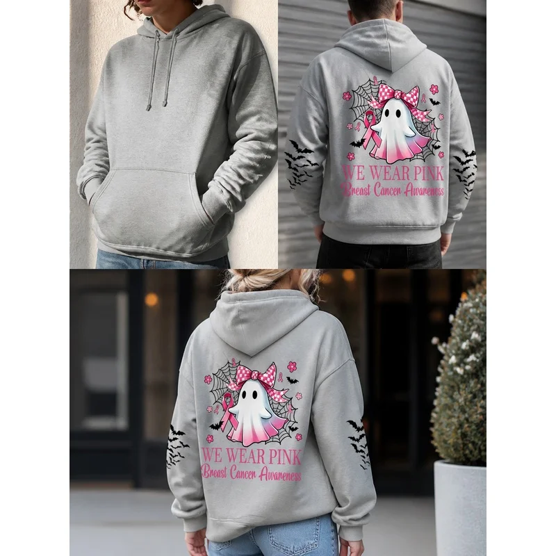 {Holiday targeting-Global Breast Cancer Prevention and Awareness Month}Standard Size Women's Hoodie - Pink Ghost with Pink Ribbo