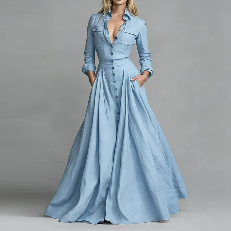 ربيع الموضة قميص طوق زر فساتين طويلة امرأة أنيقة عالية الخصر جيب فستان الحفلات الخريف طويلة الأكمام فضفاضة فستان محكم من عند الصدر ويتدلى بشكل واسع #4