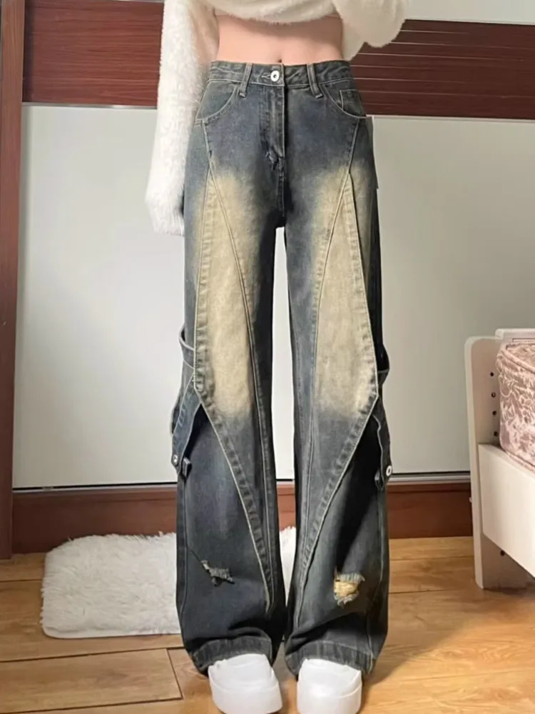 

Spring And Autumn New High Street Fashion Retro Heavy-duty Distressed Women's Jeans Splicing Design Straight Wide-leg Trousers