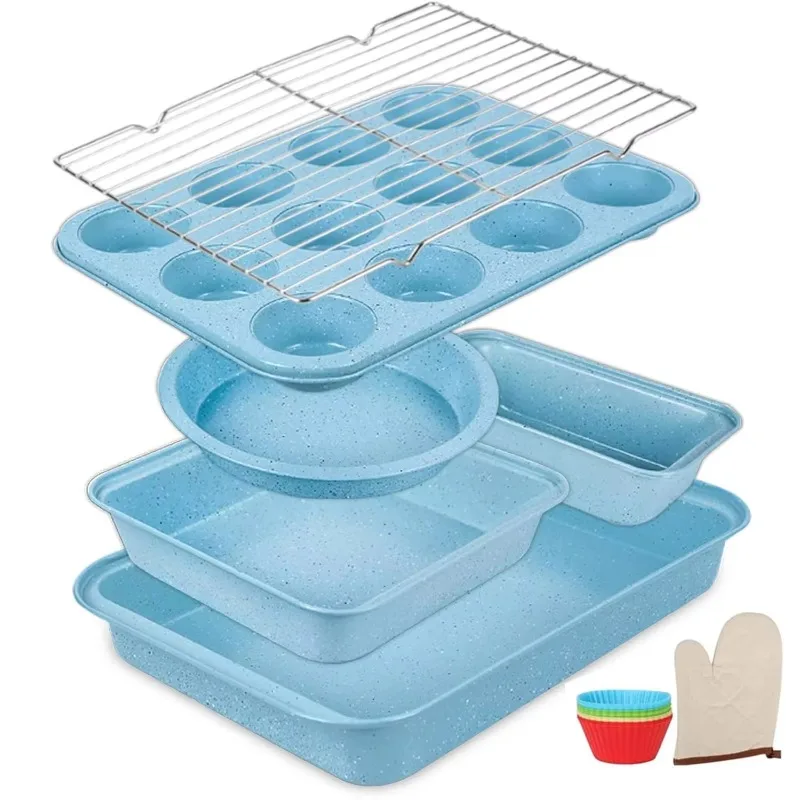 

Baking pan set of 6 pieces with cookie sheets, muffins, round/square cake pans, bread pans, racks, home baker oven mitts, blue