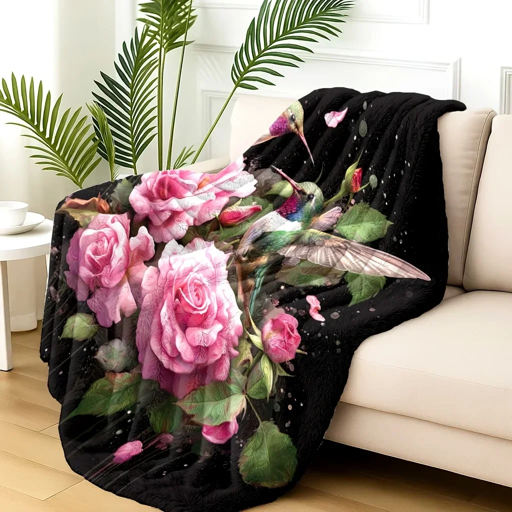 Vibrant Hummingbird and Rose Floral Print Throw Blanket Cozy Home Decor Gift for Couch