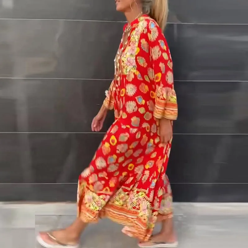 Abiti da sole Casual con coulisse a maniche lunghe da donna elegante abito da spiaggia con scollo a v allentato pieghettato Streetwear abiti Boho con stampa grafica