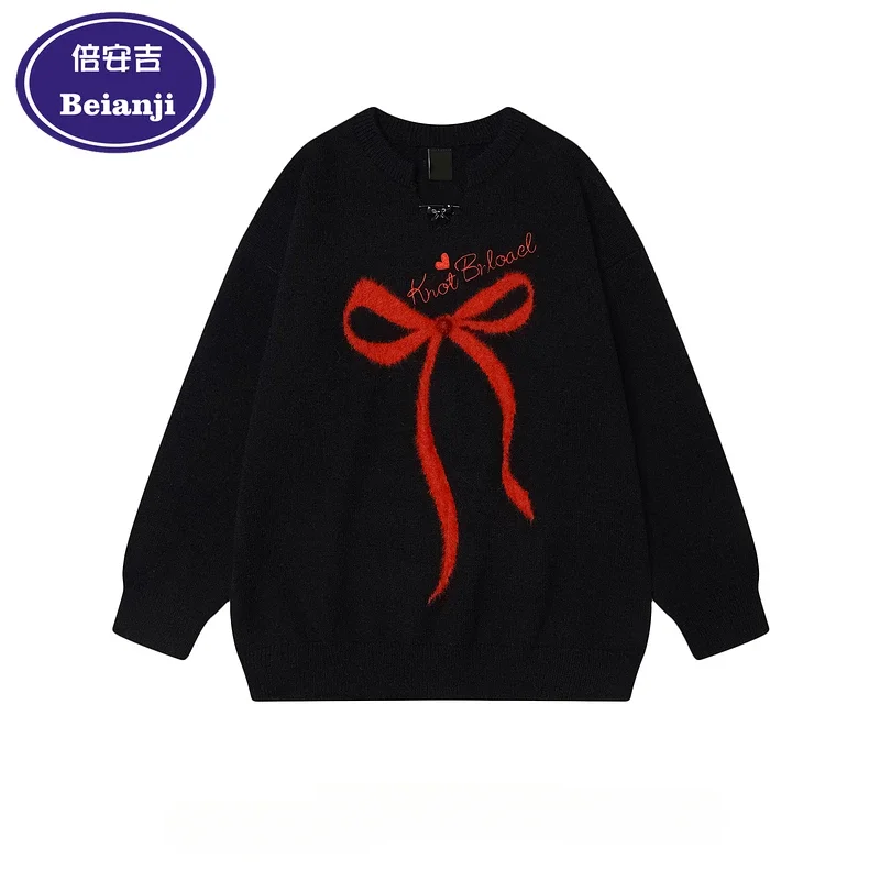 Beianji  sweater American College style bow jacquard couple street casual sweater loose men's and women's knitwear