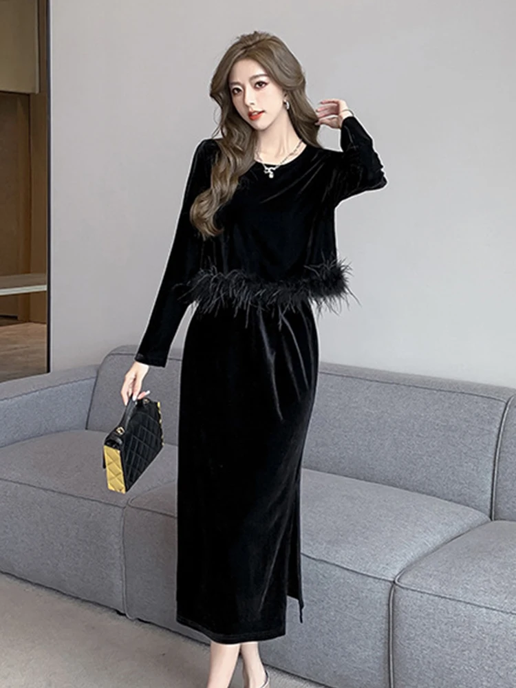 Vintage Black Velvet 2 Pieces Outfit Ladies Women Elegant Simple Short Tops Shirt Blouse And Midi Skirt Mujer Set Street Clothes