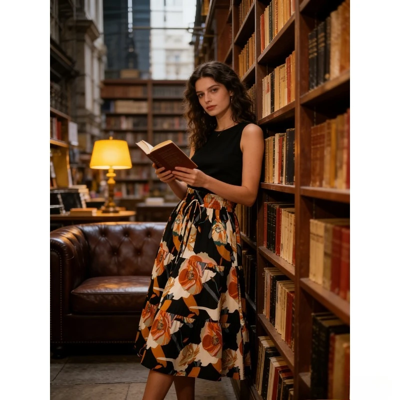 

Женская юбка А-силуэта с оборками, цветочный принт, эластичная высокая талия, длинная многоярусная юбка-полусолнце, 1 шт.