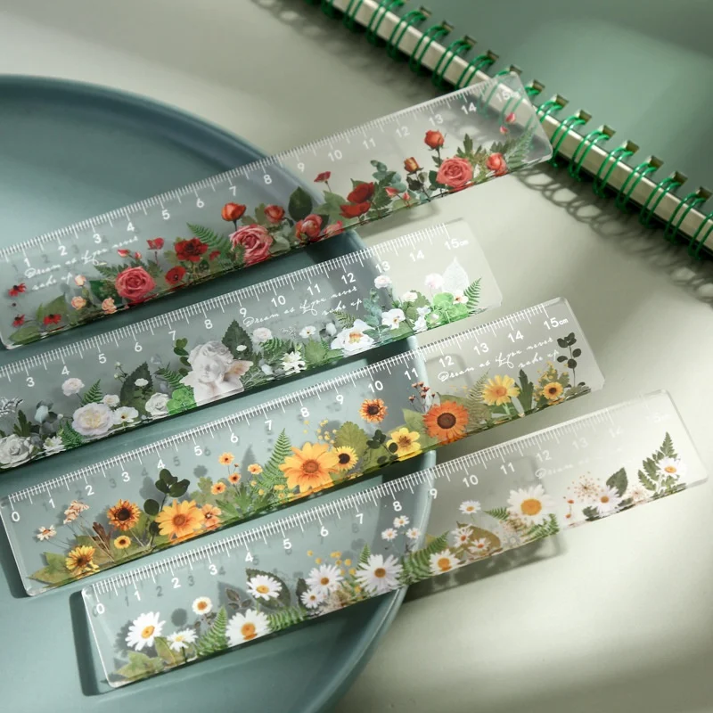 15CM Flower Pattern Ruler Student Stationery Supplies Measuring Tools Painting Supplies Student Measuring Ruler Acrylic Ruler