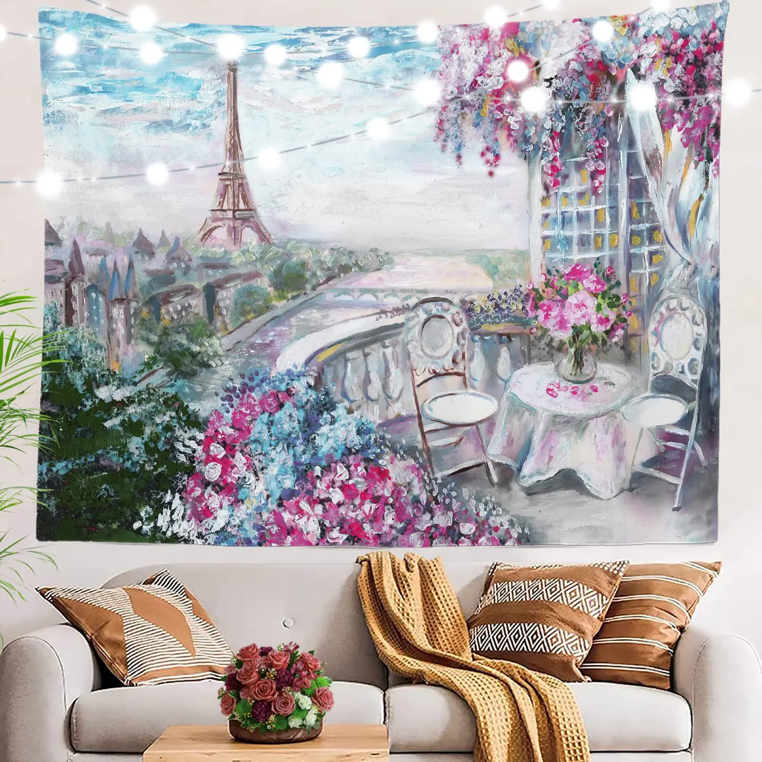 Oil Painting Paris Eiffel Tower Tapestry European City Landscape Wall Hanging Pink Tapestries Living Room Home Wall Decor Cloth