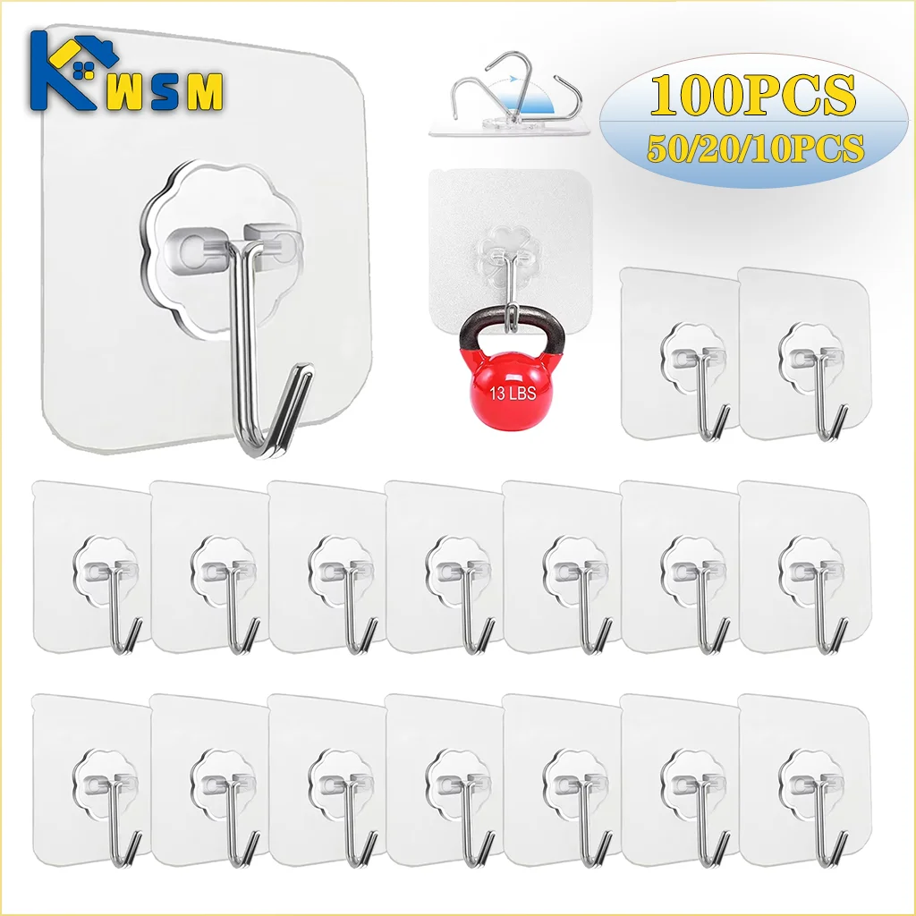 10-100PCS Transparent Stainless Steel Strong Self-adhesive Hooks Bathroom Towel Clothes Storage Sticky Hooks Key Pendant Storag