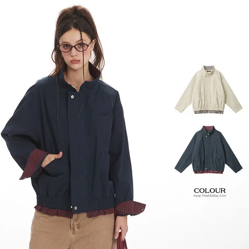 

HeyHenry2025 Women's Casual Thin Jaet Stand Collar Retro Sle Loose Fit Long Sve Cotton Outerwear Autumn Faion