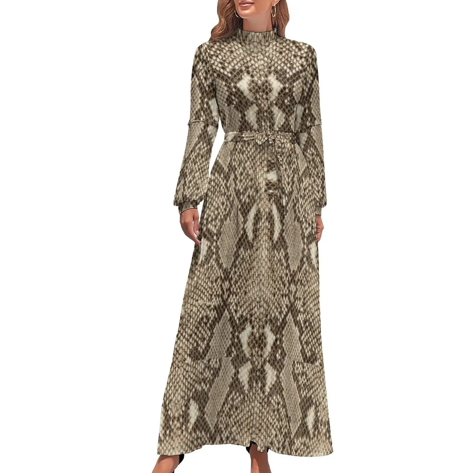 Brown Snakeskin Dress Animal Skin Print Simple Bohemia Dresses Women Long-Sleeve High Waist Cute Long Maxi Dress