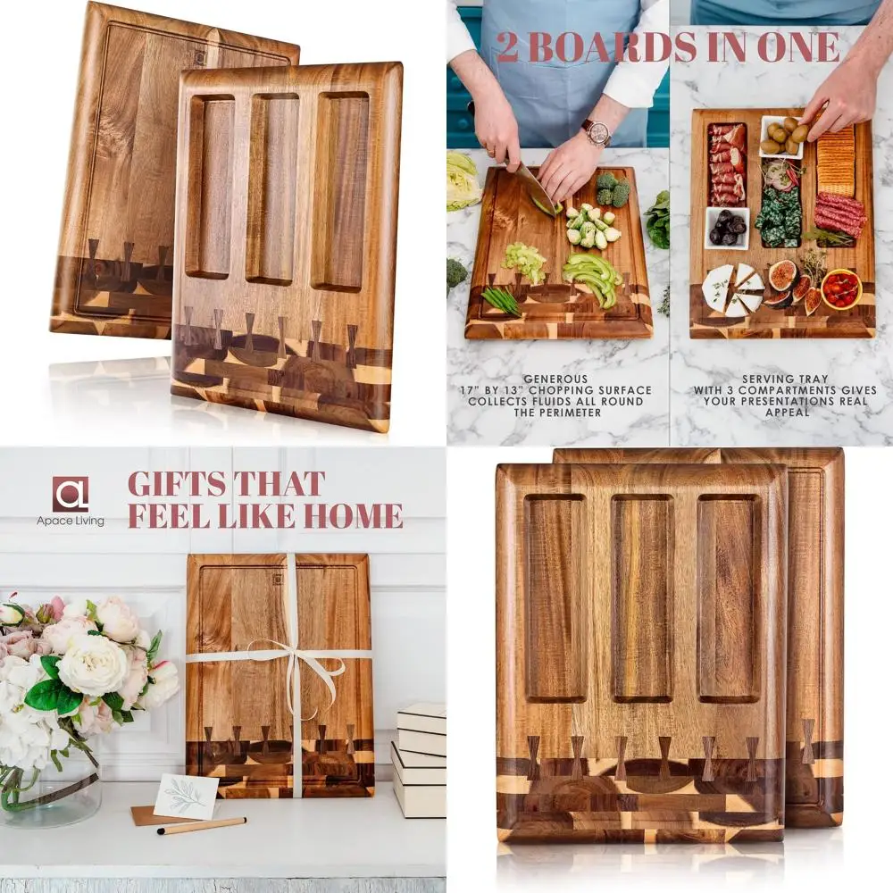 

Стабильная большая разделочная доска для мясных блоков — красивая кухонная сервировочная доска с канавкой для сока, 3 отделения, 17x13x1,5