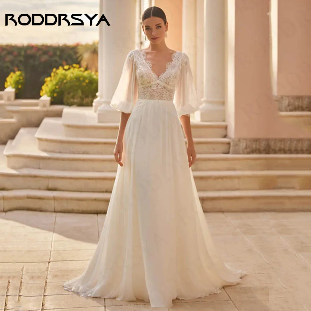 RODDRSYA-vestido de novia con mangas abullonadas, traje bohemio de gasa con escote en V y espalda descubierta, 2024 Mangas abullonadas Boho Vestido de novia 2024 Novia  Encaje V Cuello de gasa Una línea de vestidos de