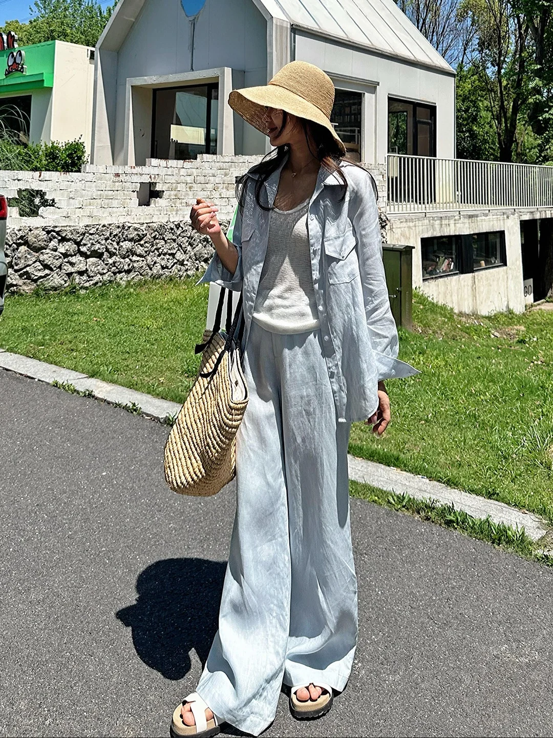 

Casual Style High End Cotton Linen Shirt Set Women Summer Loose Wide Leg Pants Two Piece Set Comfortable Loose Fit Casual Fas...